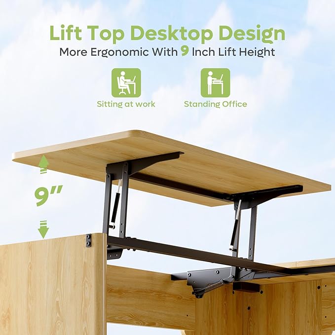 Bestier L Shaped Desk with Lift Desktop, 55 inch Corner Desk with Fluted Panel Deisgn Drawers, Modern Office Desk with File Drawer (Natual Oak, 55'' x 55'' Lift Top)