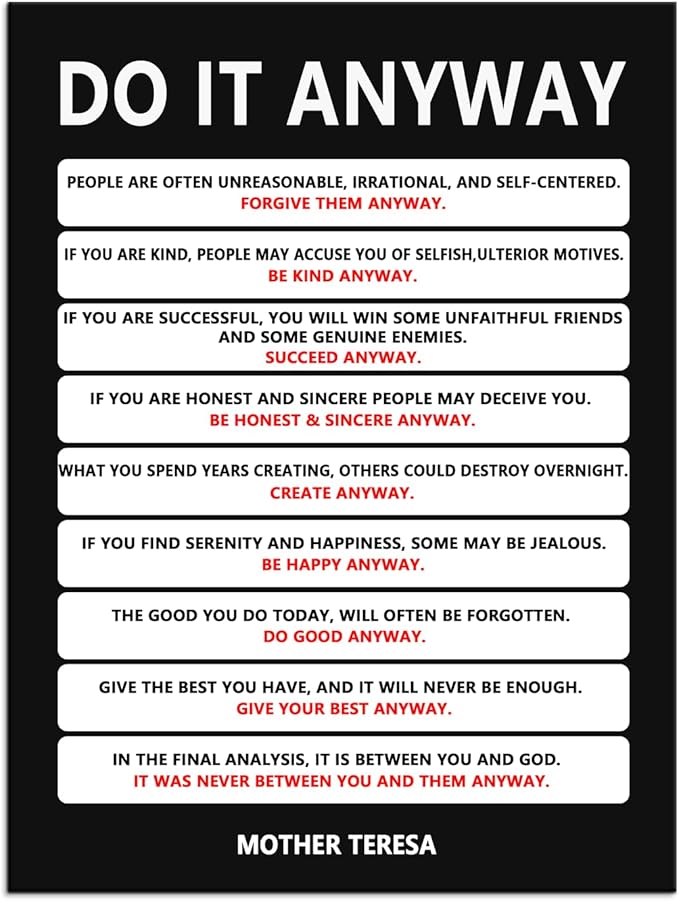 Inspirational Poster Motivational Wall Art Do It Anyway Mother Teresa Quote Canvas Prints Artwork for Office Living Room Modern Home Decor Painting Pictures Stretched and Framed [30''Wx 40''H]