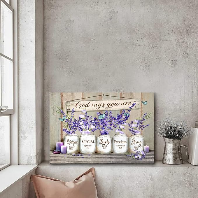 Parylore God Says You Are Canvas Wall Art Inspirational Lavender Butterflies Wall Decor Marson Jars Bible Verses Picture Framed Modern Artwork for Bedroom Bathroom Office Home Decor 12x16 In
