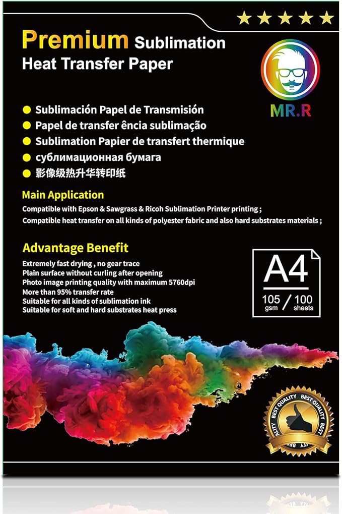 MR.R Premium Sublimation Heat Transfer Paper for EPSON and Sawgrass 105gsm A4 8.25''X11.69'',100 Sheets per Pack