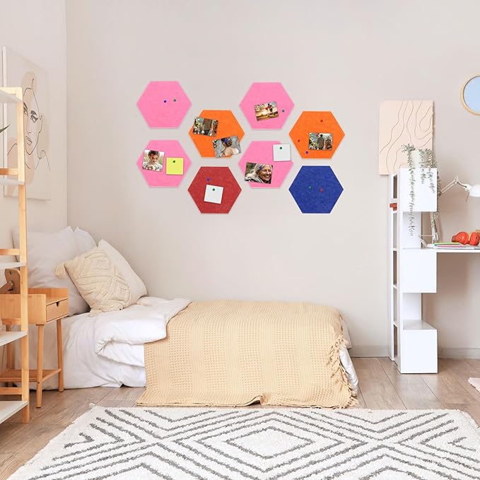 uxcell 6 Pcs Hexagon Felt Pin Board with 40 Pcs Pushpins 8.7" x 7.5" Self Adhesive Felt Bulletin Board Cork Boards for Walls Decorations Paste Notes Photos Schedules, Pink