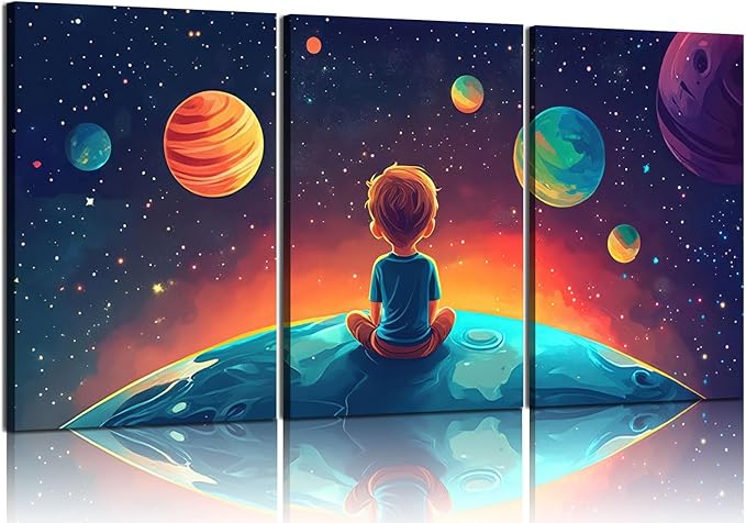 3Pcs Space Boy Canvas Wall Art Cute Inspirational Space Fantasy Wall decor pictures with Planet Pattern poster Prints Painting for Child’s Bedroom and Home Decoration Ready To Hang 16x24in canvas