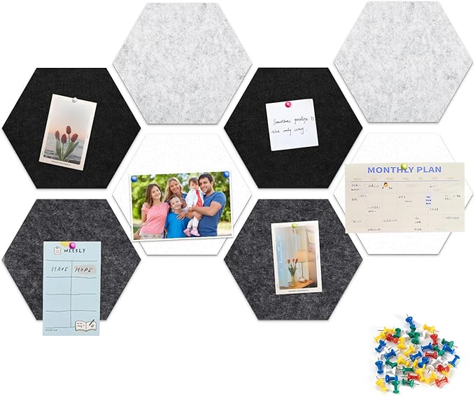 8 Pack Hexagon Felt Bulletin Board Tiles - 11.8" Large Thick Pin Board for Walls with 30 Push Pins, DIY Boards for Office Home School Decor, Aesthetic Hex Cork Board Alternative
