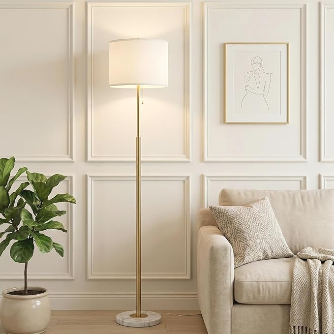 Modern Floor Lamp for Living Room with White Shade, Pull Chain Switch, 66" Tall Industrial Floor Lamps Reading with Marble Base for Bedroom Office (9W LED Bulb Included) -Gold