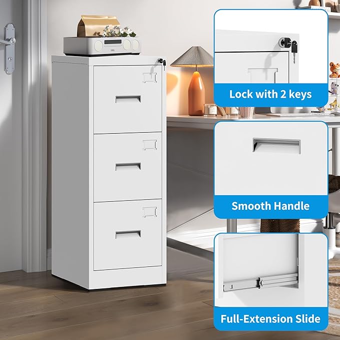 3 Drawer Filing Cabinet with Lock and Card Slot, Vertical Locking File Cabinet for Home Office, Small Metal File Cabinets for Storage Legal Letter File Folders, Assembly Required(White)
