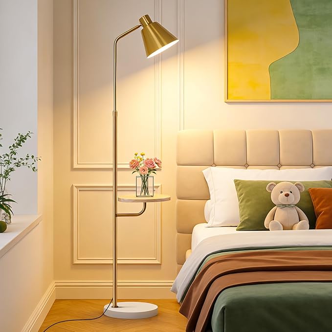 Gold Brushed Floor Lamp with Side Table for Living Room Bedroom, Modern Standing Lamp 12W LED 3-Color Dimmable 3000K/4500K/6500K, Adjustable Gooseneck Reading Light with Wood Shelf for Office Corner