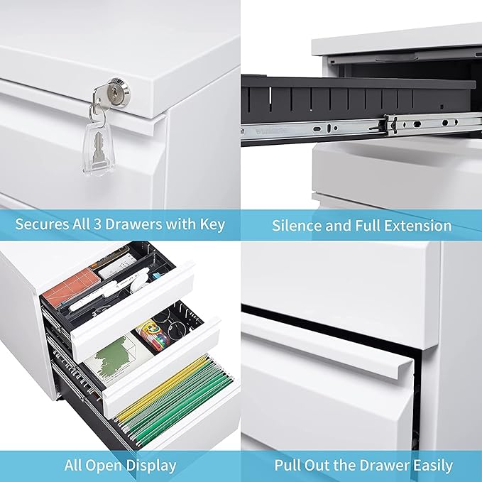 Mobile Filing Cabinet,3 Drawer Mobile File Cabinet with Lock,for Legal/Letter/A4 Documents,Home Office Storage Dresser Cabinet (White)