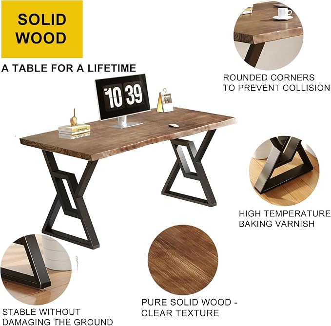 55inch Rustic Brown Solid Wood Computer Desk - Modern Gaming Workbench for Home Office, Modern Simple Design, Ideal for Study, Writing, Dining