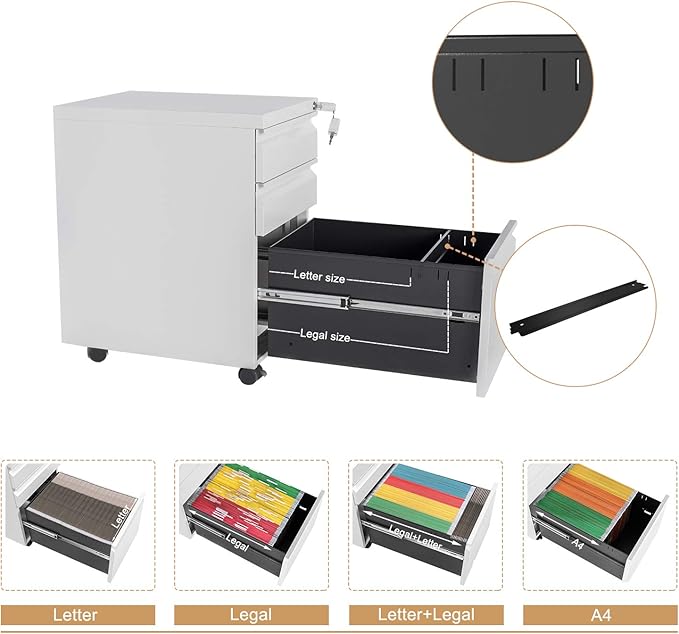 Bonnlo White 3-Drawer File Cabinet with Lock, Rolling Under Desk Filing Cabinet for Home Office, Mobile Office Drawers with Pencil Tray, Assembly Required, 23.6" H