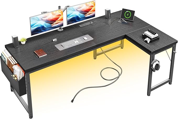 63" L Shaped Desk with Power Outlets and USB-C Port, Reversible Computer Desk, Larger Office Corner Gaming Desk with LED, 0.95" Thicker Desktop, Metal Frame, for Home Office, Study, Black