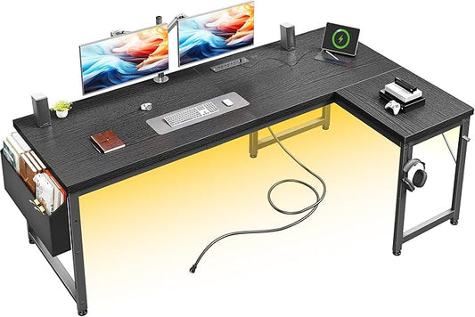 63" L Shaped Desk with Power Outlets and USB-C Port, Reversible Computer Desk, Larger Office Corner Gaming Desk with LED, 0.95" Thicker Desktop, Metal Frame, for Home Office, Study, Black