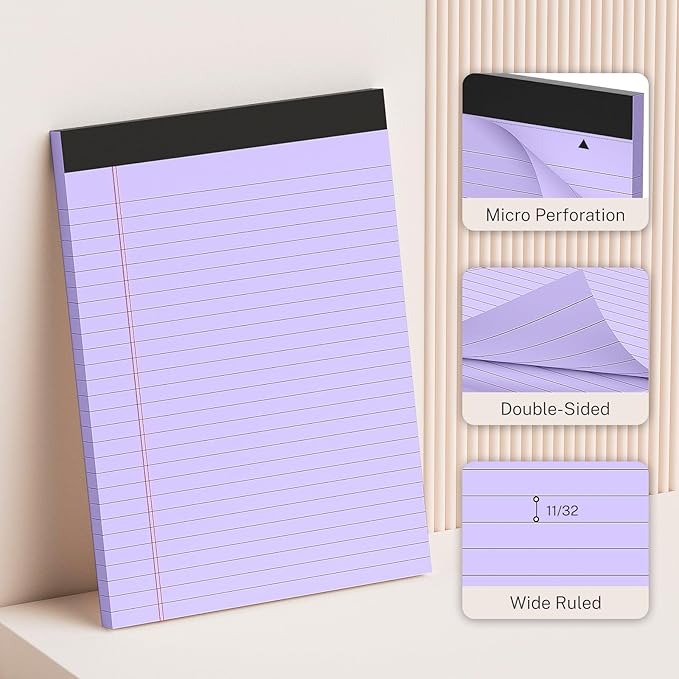 8.5 x 11 Legal Pads, Colored Legal Pads, Wide Ruled, 12 Pack Note Pads 8.5 x 11, Pink Perforated Note Pads with Sturdy White Back, Purple Writing Pad,30 Sheets Per Notepad for School, Home, Office