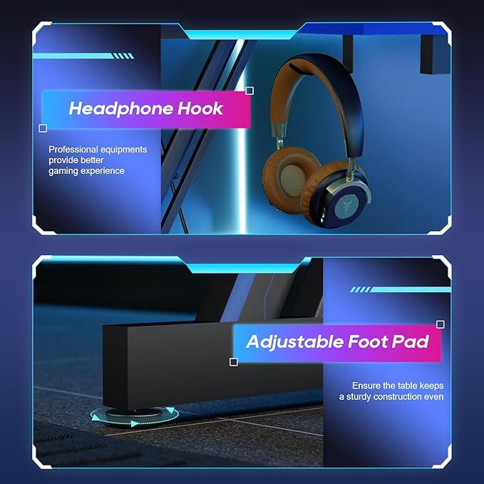 BestOffice 39" Gmaing Desk Computer Gaming Desk Z Shaped Gaming Workstation Ergonomic Gaming Table with Headphone Hook for Game Players,Black&Blue