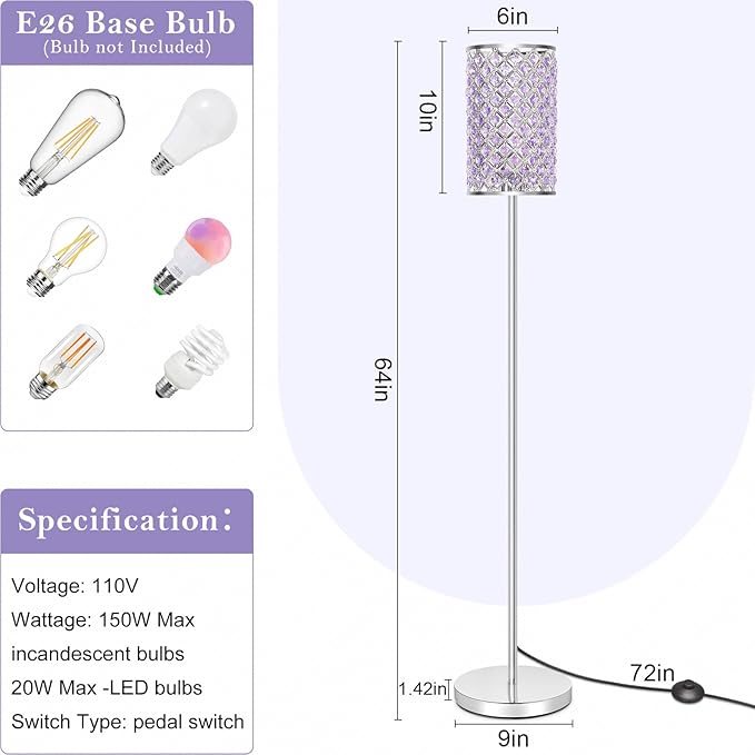 Floor Lamp for Bedroom, Lavender Crystal Floor Lamp with Glam Shade, Elegant Standing Lamp with On/Off Foot Switch & Silver Base, Corner Pole Lamp for Girls Bedroom, Living Room, Office (E26 Base)