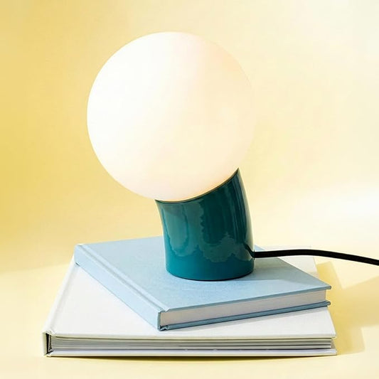 Brightech Vino LED Table Lamp - Small 8" Modern Dimmable Metal Lamp with USB-C Charging, Frosted Glass Globe Shade - Warm White Accent Light for Bedroom, Living Room, Bedside, Nightstand - Teal