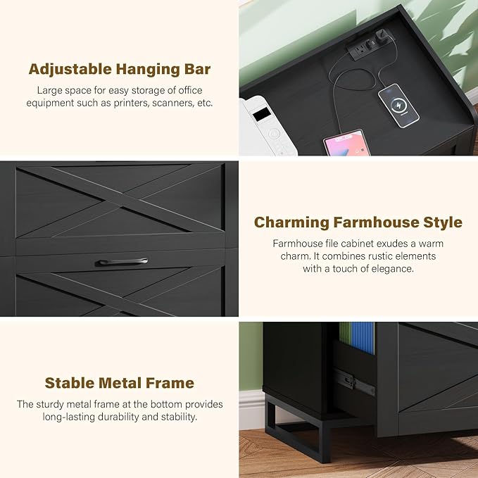 Vabches File Cabinet 3 Drawers Lateral File Cabinet with Charging Station for Letter/Legal/A4 Size Hanging Files, Large Wood File Storage Cabinets Printer Stand for Home Office, Simple Black