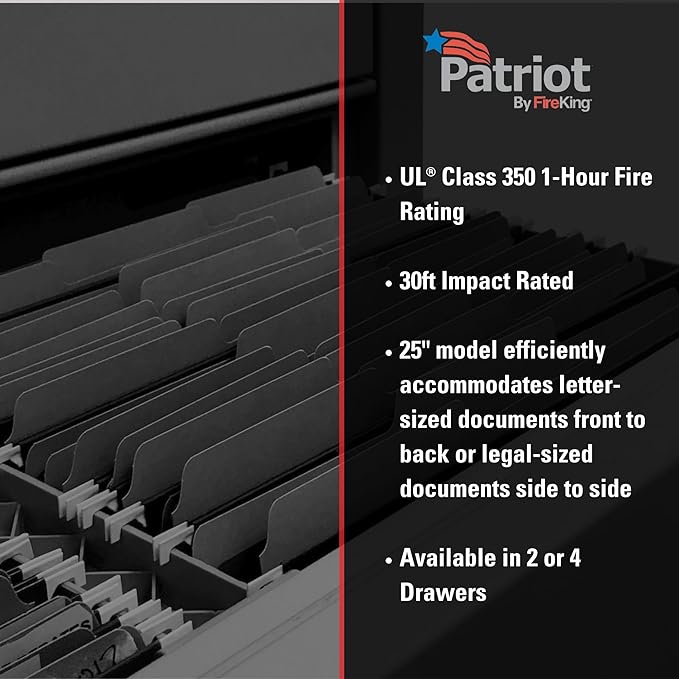 FireKing Patriot Vertical 2 Drawer Legal and Letter Fire Safe File Cabinet with Key Lock, 1 Hour Fire Rated, UL Rated & Water Resistant Home Safe, Made in The USA, Black