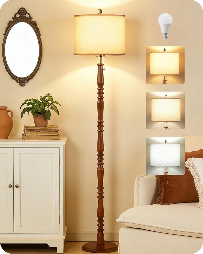 65" Oak Wood Floor Lamps for Living Room with Adjustable Color Temperatures, Farmhouse Floor Lamp with Pull Chain Switch, Tall Standing Lamp for Bedroom, Dining Room, Rustic Brown VE27LD05
