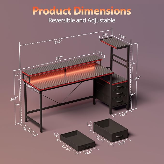 Mericonia Gaming Desk with Power Outlets & LED Lights, Reversible Computer Desk with PC Case Stand, Fabric Drawers, Modern Office Desk with Shelves, Monitor Stand