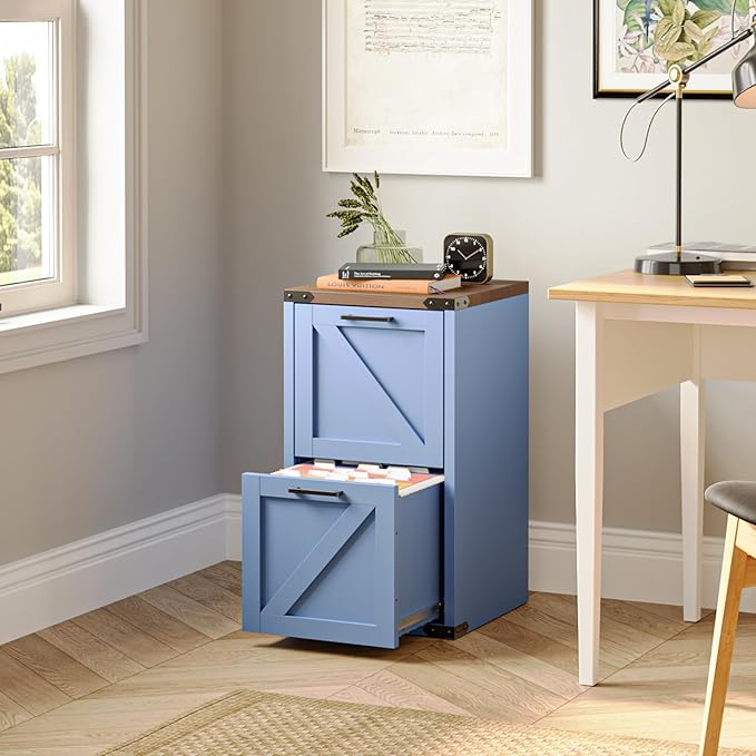 VINGLI 2 Drawer Farmhouse Metal File Cabinet, Home Office Filing Organizer for Letter File Folder Storage, Printer Stand with Drawers, Archivador, Vertical Filing Cabinet for Study, Business (Blue)