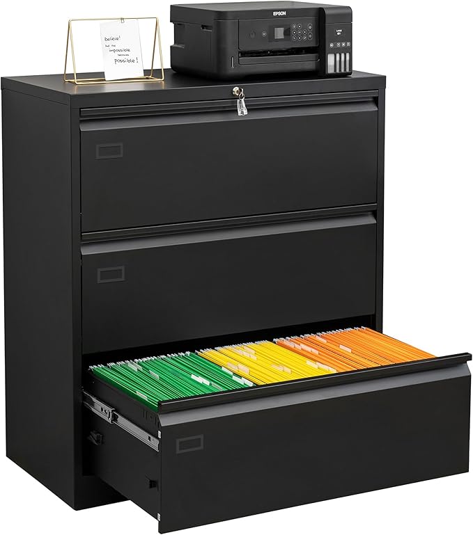 3 Drawer Black Lateral File Cabinet, Lockable Metal File Cabinet for Home Office, Office File Cabinets for Legal/Letter/A4/F4 Size with Hanging Files&Key