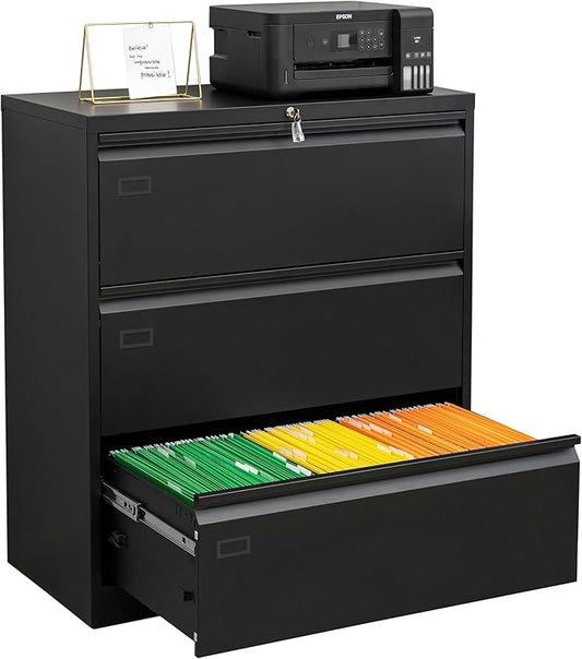 3 Drawer Black Lateral File Cabinet, Lockable Metal File Cabinet for Home Office, Office File Cabinets for Legal/Letter/A4/F4 Size with Hanging Files&Key
