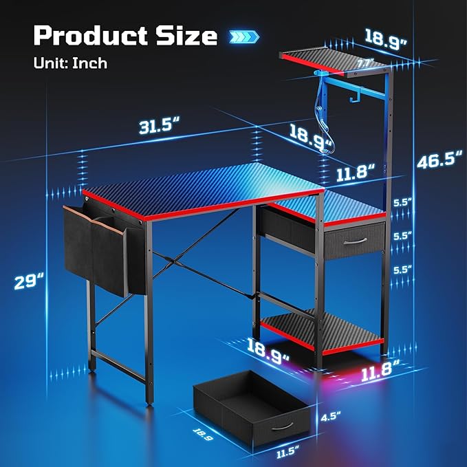 Bestier Gaming Desk with Drawer, 44 Inch Small Computer Desk with PC Shelf, Gaming Table with LED Lights for Small Spaces, Reversible Gamer Desk with Storage Bag & Side Hook, Black-RED