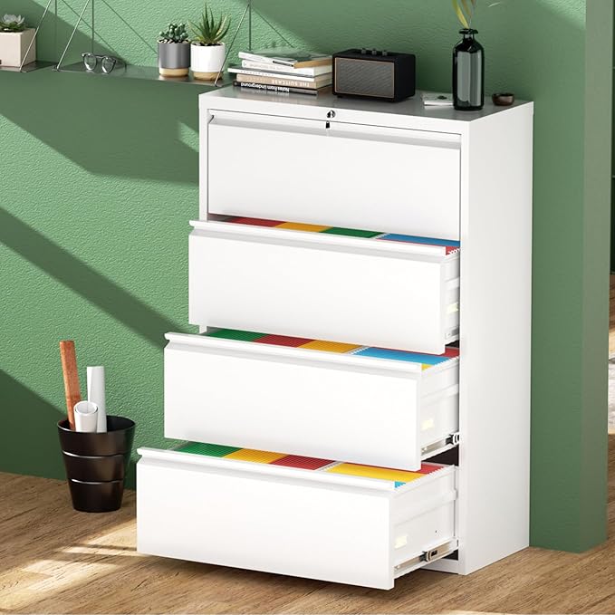 Greenvelly 4 Drawer File Cabinet, Lateral Filing Cabinet for Home Office, White Metal File Cabinet with Lock, Lockable Lateral File Cabinet with Hanging Files&Key for Letter/Legal/F4/A4 (36" W)