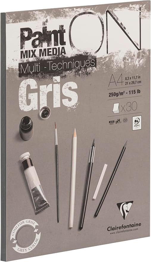 Clairefontaine 975809C Paint'ON Grey Paper Pad, 250 g, A4, 30 Sheets