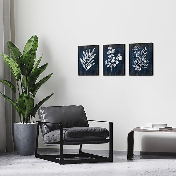 Conipit Navy Blue Botanical Painting Rustic Botanical Wall Art Canvas Abstract Blue White Leaf Plant Artwork Prints Framed For Living Room Bedroom Wall Decor 12''X16''X3pcs
