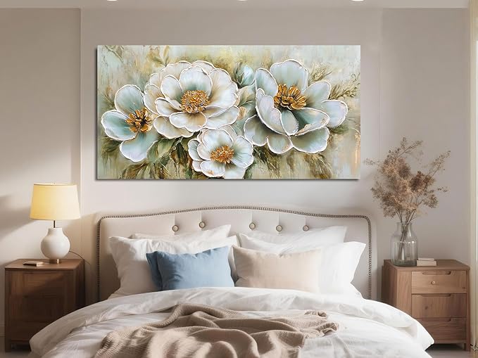 Arjun Vintage Wall Art Canvas Flower for Living Room, Rustic Floral Painting Bedroom, Teal Gold Textured Picture Framed Artwork Dining Room Kitchen Home Office Wall Decor, Large 48"x24"