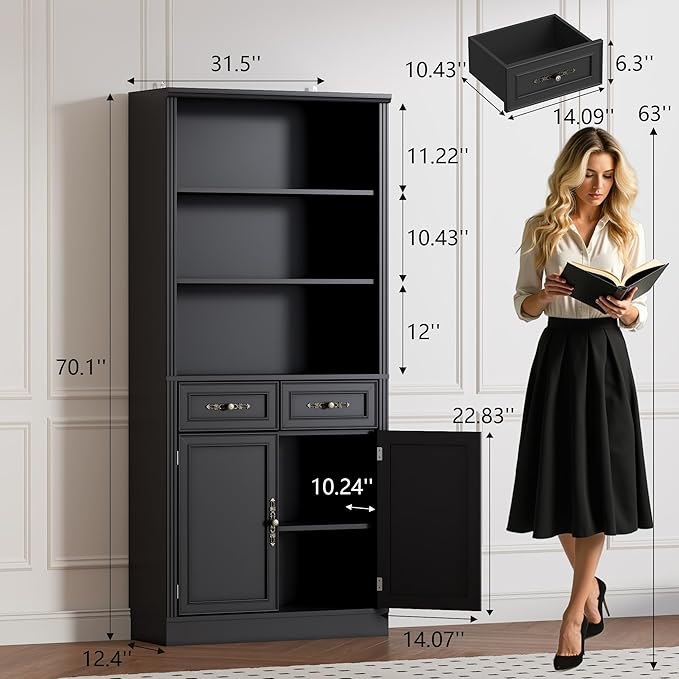 70.1" Tall Bookshelf with Drawers & Cabinet, 5-Tier Floor Standing Bookcase with Storage Doors, Adjustable Shelves & Metal Handles, 31.5" Wide Organizer for Home Office, Living Room
