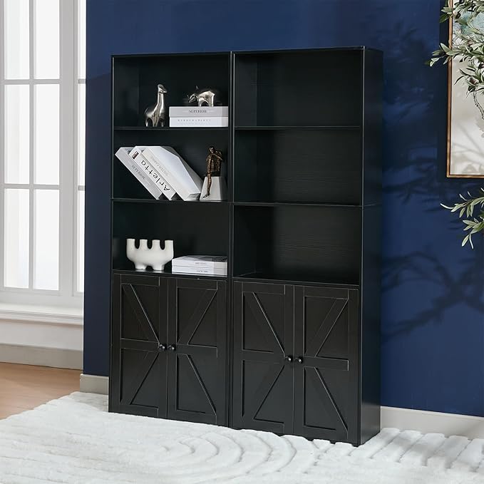 Bookshelves and Bookcases with Barn Doors Set of 2, Farmhouse Bookshelf with Display Shelves, Floor Standing 5-Tier Book Shelf with Storage Cabinet for Home Office, Living Room, Bedroom