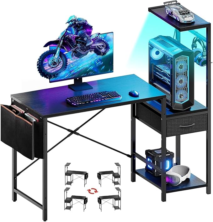 Bestier 44 Inch Gaming Desk for Small Spaces, Reversible Computer Desk with Drawers & Shelves, Modern Gamer Desk Table with Side Bag & Headphone Hook for Home Office, Black