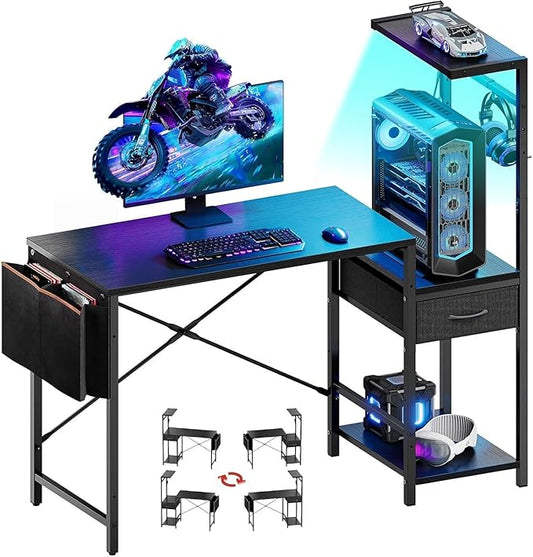 Bestier 44 Inch Gaming Desk for Small Spaces, Reversible Computer Desk with Drawers & Shelves, Modern Gamer Desk Table with Side Bag & Headphone Hook for Home Office, Black