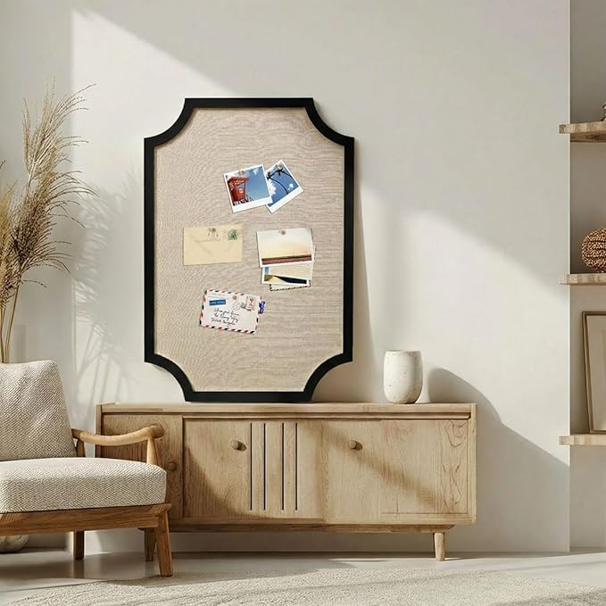 Vintage Framed Pin Board Linen Display Bulletin Board Large Cork Fabric Picture Photo Pinboard Memo Ornate Decorative Pinboard Ornate for Wall Gift(Scalloped,24" X 36",Black)