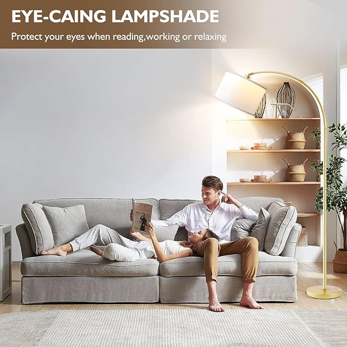 Arc Floor Lamps for Living Room, Modern Remote Control Standing FLamp with Stepless Dimmable, Gold Tall Lamp with White Drum Shade,Over Couch Arched Reading Light for Bedroom, Office(Bulb Included)