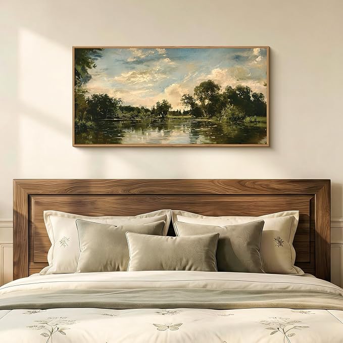 Aryroi Large Natural Forest and Lake Framed Canvas Wall Art,Modern Countryside Wall Decor,Vintage Neutral Landscape Artwork,Rustic Antique Scenery Art Print for Living Room,Bedroom,Office- 40"x20"x1