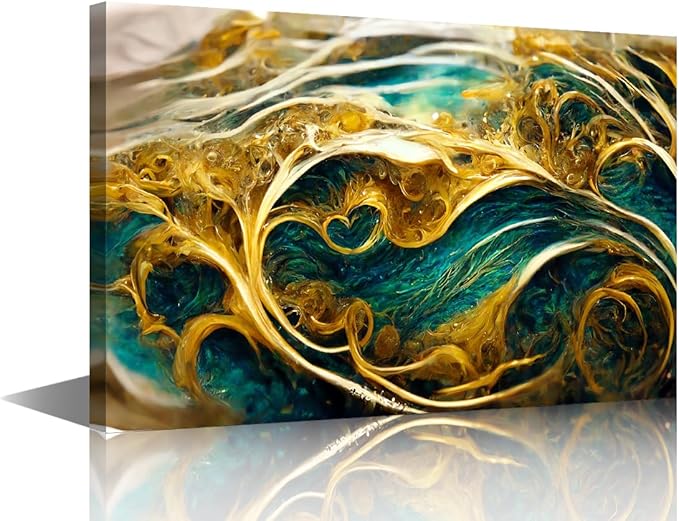 Modern Abstract Poster Decor 1 Panel Canvas Wall Art Golden Swirls Poster Printing Deep Sea and Soil Picture Prints on Canvas for Lady Men Living Room Bedroom Office Wall Decoration 36x24 in