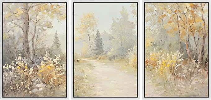 SIGNWIN Framed Canvas Print Wall Art Set Golden Woodland Path Impressionist Nature Scene Illustrations Modern Art Decorative for Living Room, Bedroom, Office - 16"x24"x3 White