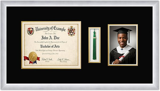 CountryArtHouse Diploma Tassel and Photo Shadowbox Fits 10 x 8 Professional License with Tassel Hook a Stainless Silver Genuine Hardwood with Black Over Metallic Gold Double mat