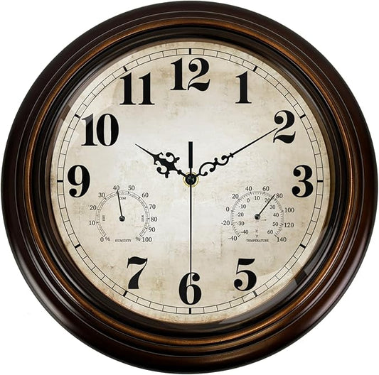 Vintage Wall Clock 13 Inch Quartz Silent Non-Ticking Analog Clock with Thermometer and Hygrometer, Battery Operated Rustic Round Decorative Clock for Living Room Kitchen Home Office