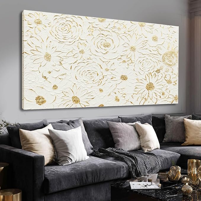 YJYart Large White Canvas Wall Art, Gold Flowers Wall Art for Wall Decor,Office Arts,Living Room or Bedroom Artwork Picture, Hallway Decoration 24"x48"