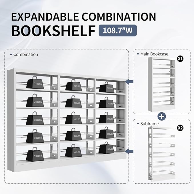 70.9" H Metal Bookshelf, Adjustable Bookcase, 5-Tier Heavy Duty Bookshelf with Bookend, Tall Bookshelves, Bookcase Shelf for Living Room, Office, Library,Classroom (White-108.3W)