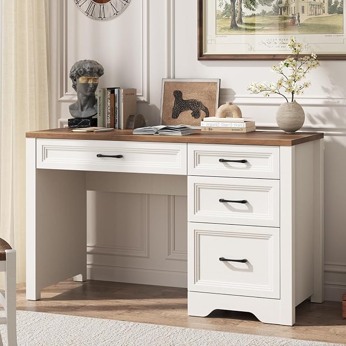 Vabches Farmhouse Executive Desk with Drawers, Home Office Desk with File Drawer, Wood Computer Desk with Ample Storage, Rustic Office Desk with Spacious Tabletop for Work, White