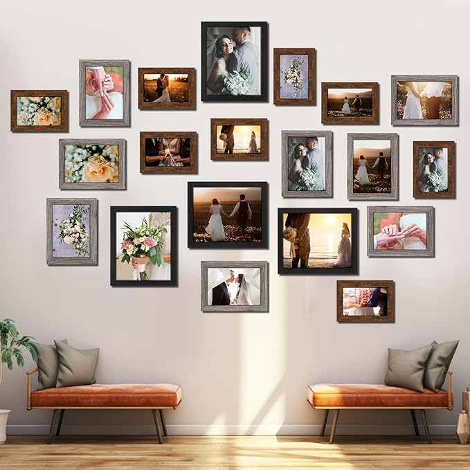 Namalu 20 Pcs Gallery Wall Frames Set Rustic Picture Frames Collage Assorted Photo Wall Decor Pack for Hanging or Tabletop Display Multi Sizes with 8 x 10, 5 x 7, 4 x 6 (Stylish Color)