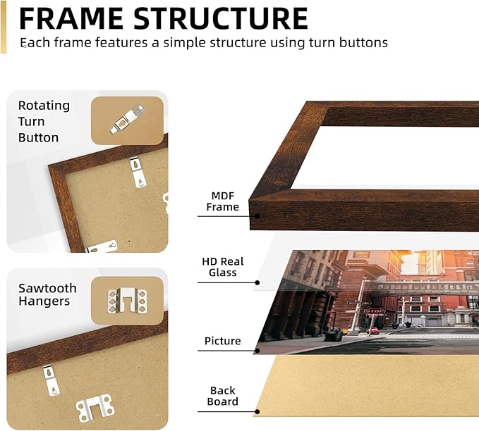 iRahmen Collage Picture Frames Set of 10, Wall Decor for Mounting or Tabletop Display, Family Photo Gallery Frame Set - Multi Sizes Including Two 8x10, Four 5x7, Four 4x6, HD Glass, Rustic Wood, Dark Brown