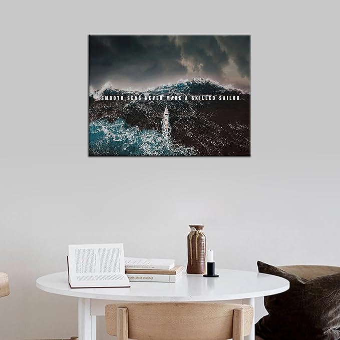 PSYYSP YYMART Wall Art Canvas Poster Motivation Success Smooth Seas Painting Art Positive Motto Office Quotes Picture Print for Modern Home Office Wall Decor Wooden Framed Ready to Hang [24''Wx18''H]
