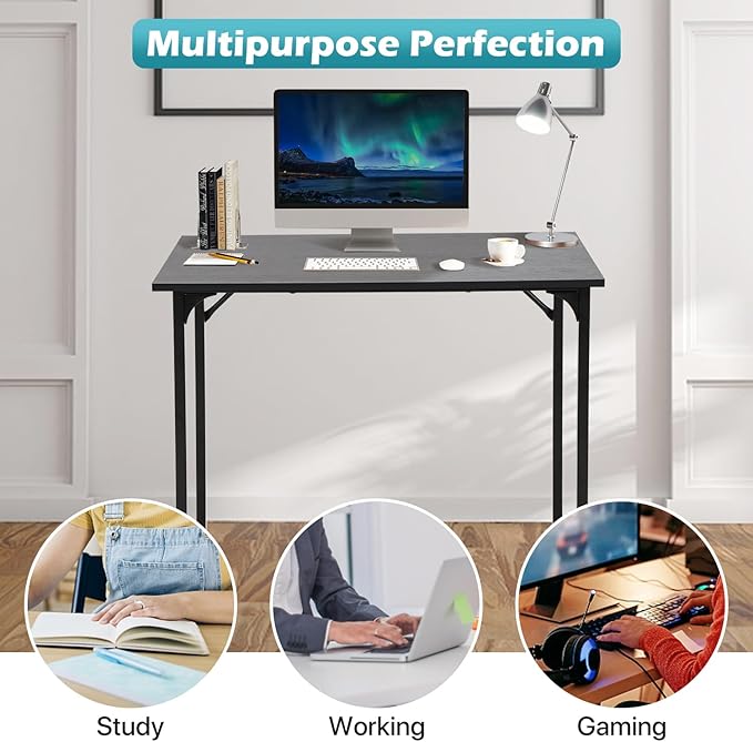 Dkelincs 32 Inch Small Computer Desk Home Office Desk Writing Desk Modern Simple Style Study Work Table with Metal Frame, Easy Assembly, Adjustable Feet, Water-Resistant, Scratchproof Surface, Black