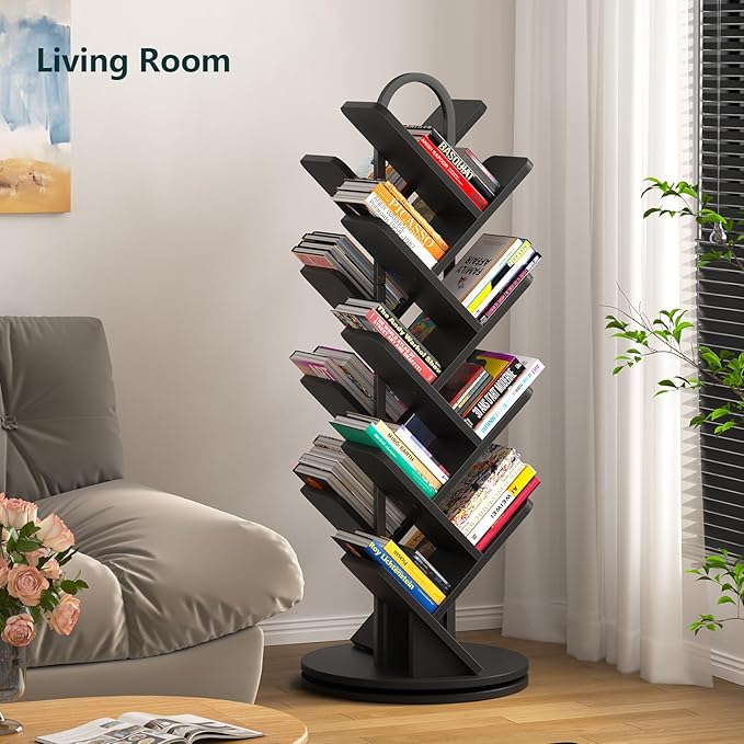 TVU 16-Tier Tree Rotating Bookshelf, 360 Degree Spinning Standing Bookcase for Magazines DVDs Books, Corner Bookcase for Living Room Bedroom Study, Black